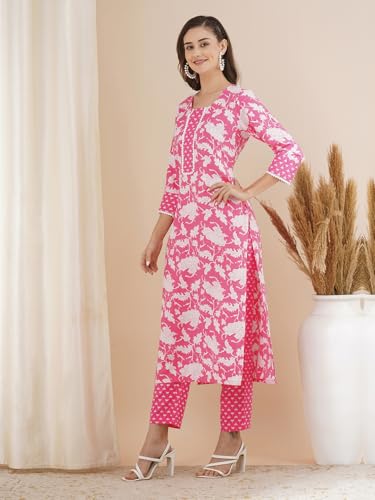 ANNI DESIGNER Womens Rayon Blend Straight Printed Kurta with Pant (Pustak Baby Pink-VKS04_S_Baby Pink_Small)
