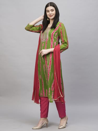 ANNI DESIGNER Womens Rayon Blend Straight Printed Kurta with Pant & Dupatta (Dollop Methi_XL_Green_X-Large)
