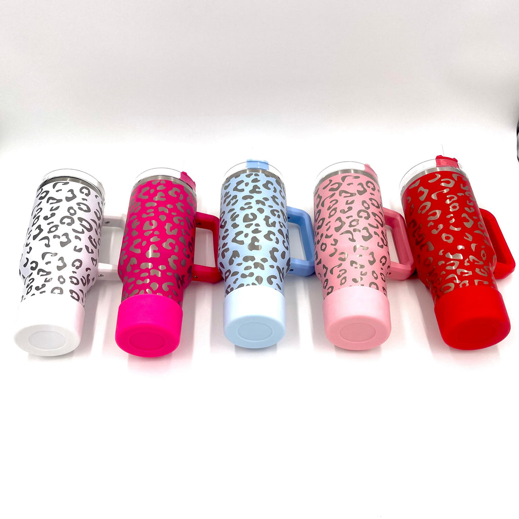 40oz Bundle Cheetah Leopard Laser Etched Stainless Tumbler with Rubber Bumper Straw cover and Spill Proof Stopper