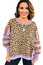 Purple Leopard Striped Patchwork Plus Size Loose Sweatshirt