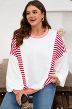 Red Stripe Color Block Patchwork Seam Detail Plus Size Sweatshirt