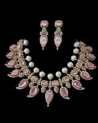 BR462  Anmol necklace set in pink( rose quartz ), Cats eye and pearls ( READY TO SHIP )