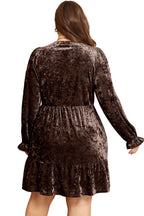 Coffee Plus Size Velvet Babydoll Mini Dress with Puff Sleeve