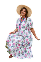 White Allover Print Contrast Split Neckline Short Puff Sleeve Curvy Dress