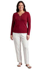 Women's Open Crochet V-Neck Knit Top with Jewel Trim