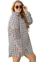 White Stripe Plus Size Plaid Buttoned Raw Hem Tunic Shirt Dress