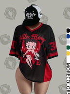 Streetwear Y2K Mesh Top – Vintage Doll Print V-Neck Shirt, Breathable Retro Aesthetic for Women