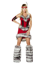 Mini Dress with Fur and Lace-up Front Detail, Headband with Feather, and Lace-up Armband Red Small