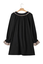 Black Plus Size Notched Neck Leopard Trim Flounce Long Sleeve Shift Dress