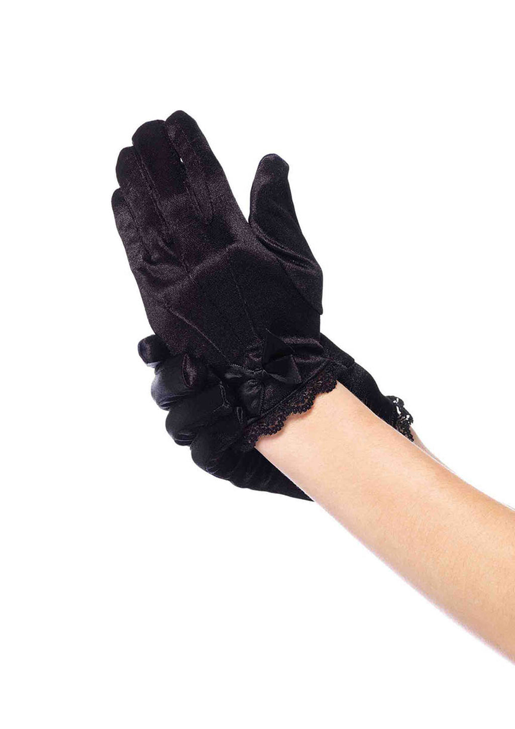 Lace trimmed satin gloves with bow accent MEDIUM BLACK