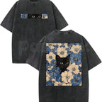 Cat in the Flowers Double-Sided T-Shirt – Retro Washed Botanical Kitten Graphic Tee, Vintage Aesthetic Lightweight Cotton Cat Mom Top