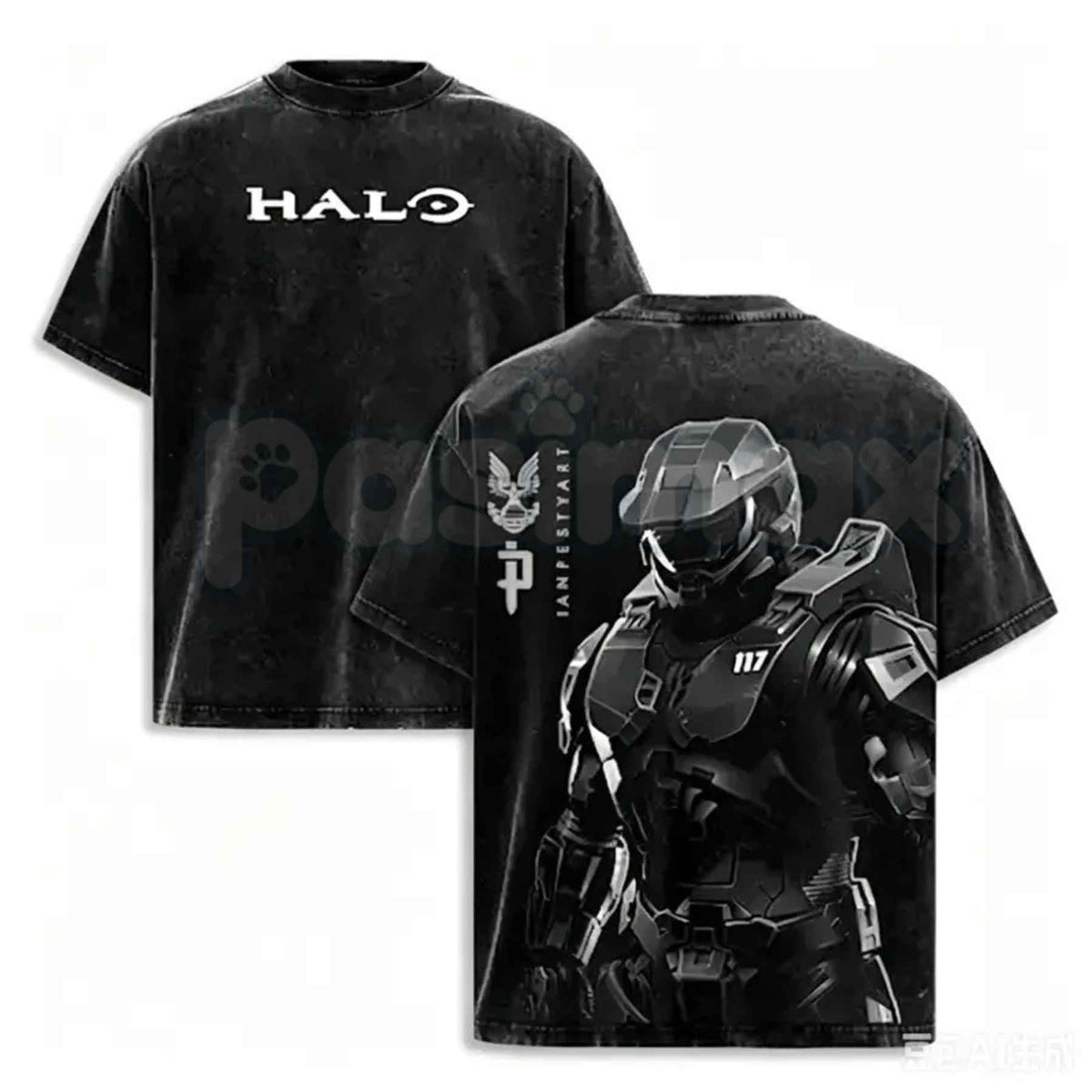 HALO Master Chief 117 T-Shirt – Retro Spartan Back Print Graphic Tee, Premium Acid Wash Oversized Lightweight Cotton Gaming Streetwear Top