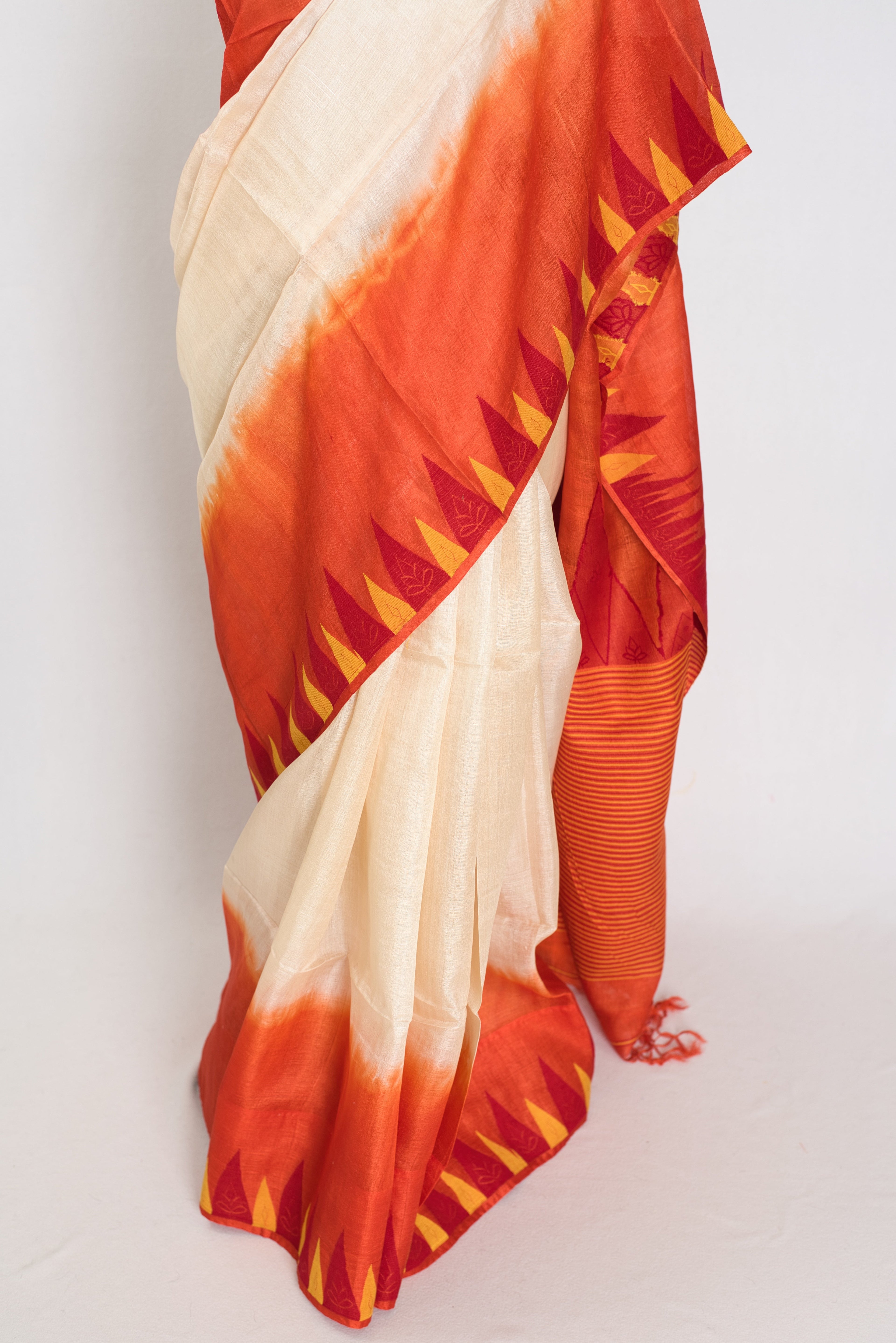 Kalpana: Cream & Orange Bengal Tussar Silk Saree | Silk Mark Certified