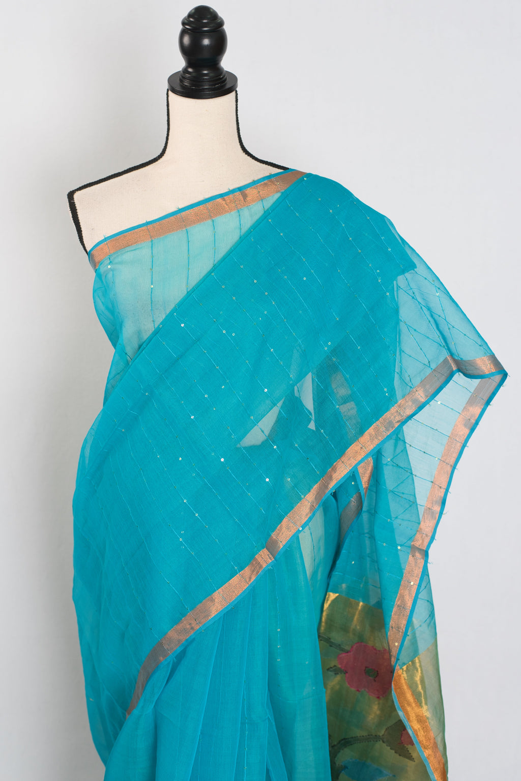 Shukti: Turquoise Blue & Gold Muslin Cotton Jamdani Saree | Sequin Weaving