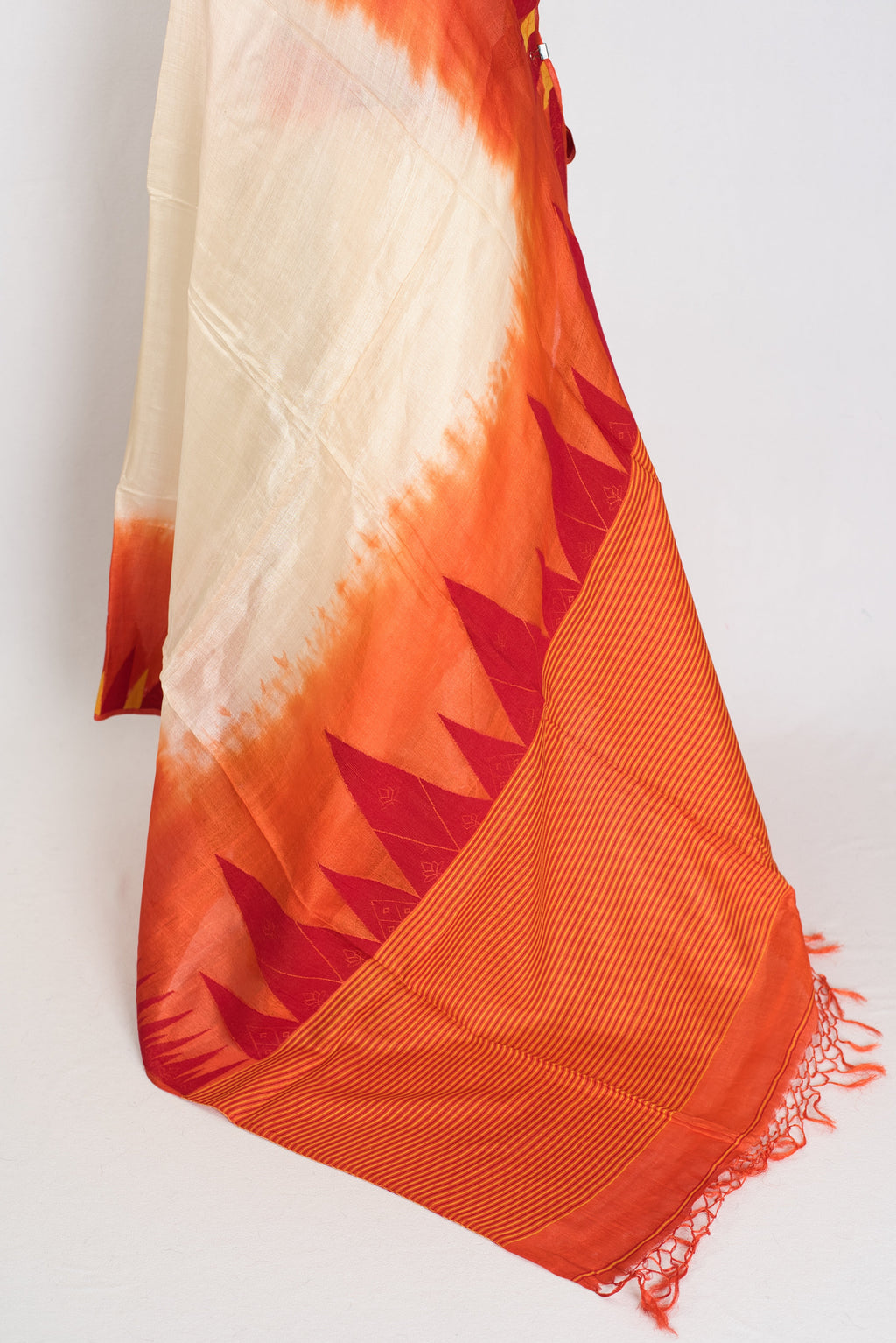 Kalpana: Cream & Orange Bengal Tussar Silk Saree | Silk Mark Certified
