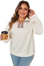 Beige Plus Size Rhombus Texture Contrast Striped Collar Baggy Sweatshirt