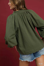 Umgee Full Size Textured Notched Balloon Sleeve Blouse Plus Size
