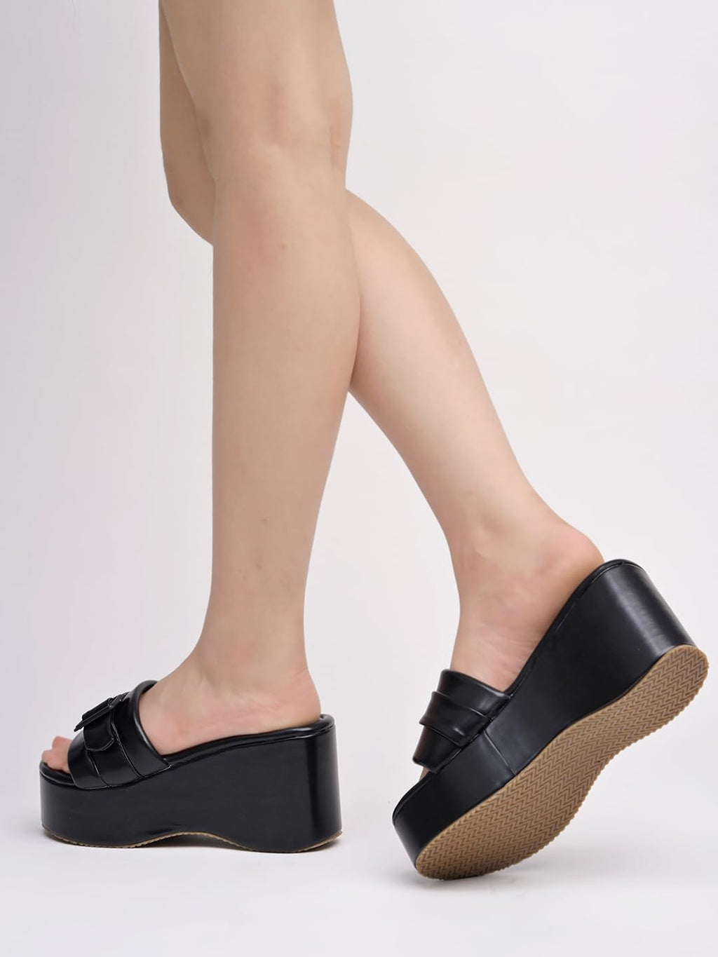 Shoetopia WomenS Black Platform Slip-On Sandals  Chunky Wedge Slides With Buckle Strap Stylish Comfortable, Durable Perfect For