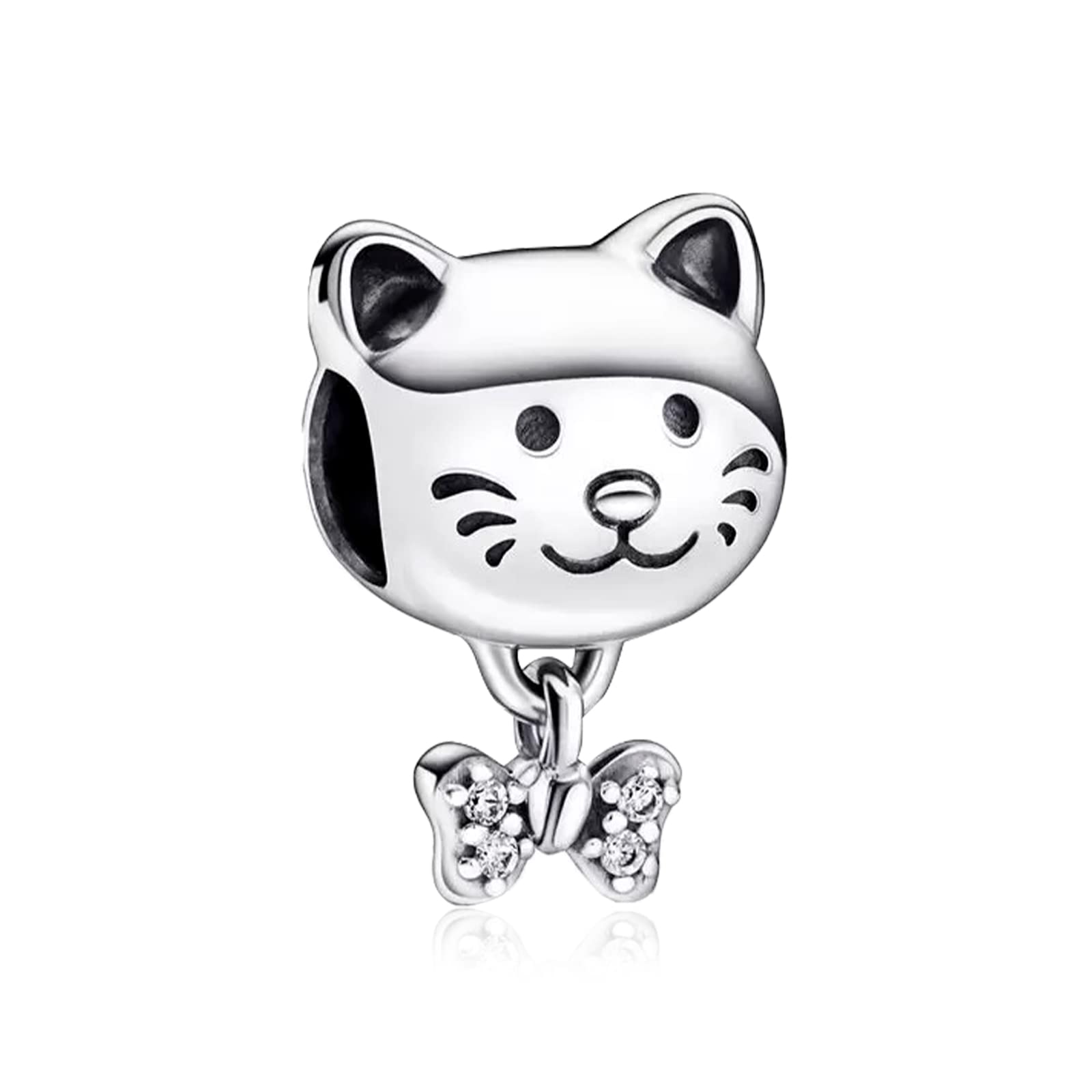 Annmors Pet Cat & Bow Charm 925 Sterling Silver Bead with Cubic Zirconia for Animal Lovers Gifts Christmas Halloween Valentine's