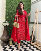 ANNI DESIGNER Women s Rayon Blend Printed Straight Kurta with Pants and Dupatta, Red, XL
