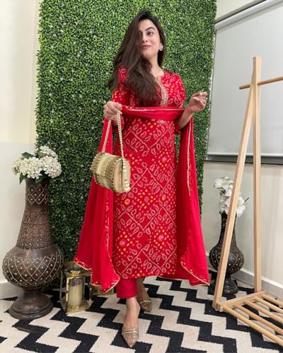 ANNI DESIGNER Women s Rayon Blend Printed Straight Kurta with Pants and Dupatta, Red, XL
