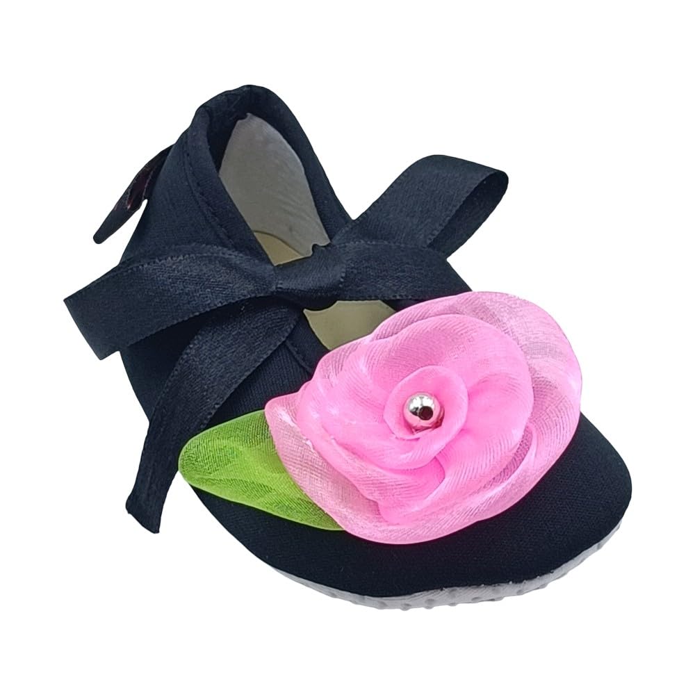 Rsmart, Baby Girls & Boys Black Soft Shoes With Pink Flower 0-3