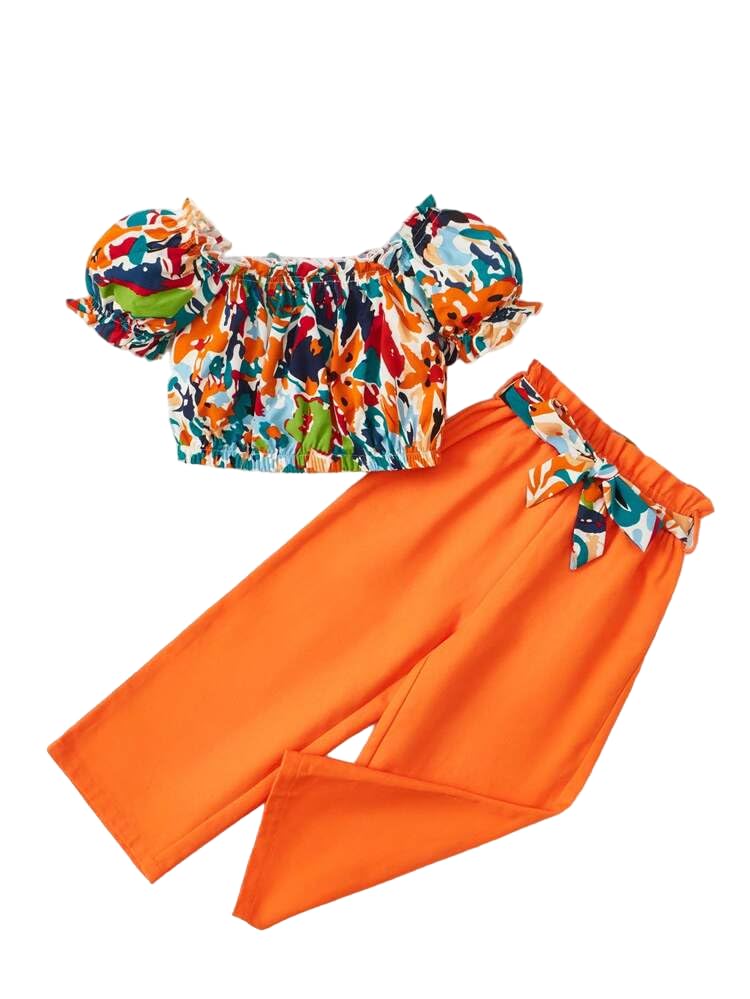 TAGAS Girls Polyester Clothes Floral Print Ruffle Sleeveless Tank and Wild Leg Pant 2 Piece Outfit Set || COORDINATED_OUTFIT || 