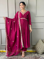 Shiv Textiles Embroidery Maroon Kurta Trousers With Dupatta Striped Viscose Art Silk Three-Quarter Sleeves Kurta Sets For Womens