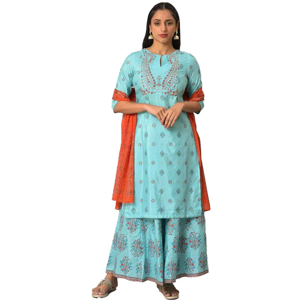 W For Woman Blue Glitter Printed Kurta And Culottes With Red Dupatta_22Auws18270-120246_M