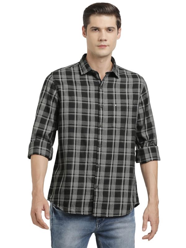Turtle Men Cotton Melange Slim Fit Black Check Full Sleeve Casual Shirt
