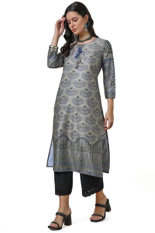Soch Womens Grey Abstract Print Kurta With Tassels