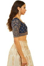 Soch Womens Navy Blue Tussar Embroidered Front-Open Blouse With Sequin Embellishments