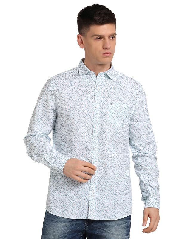 Turtle Men Cotton Linen Slim Fit Mint Green Printed Casual Shirt