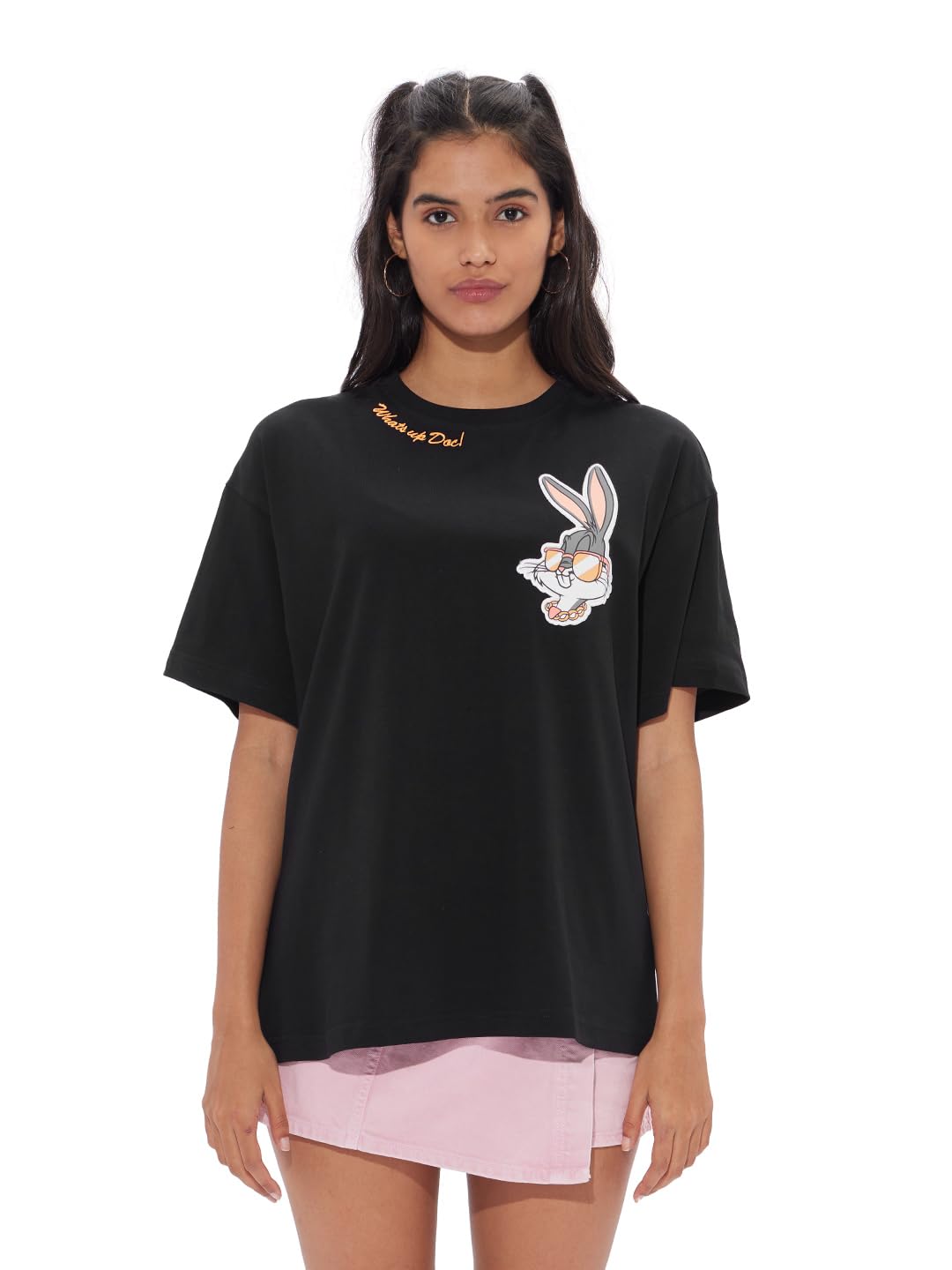 The Souled Store Official Bugs Bunny: Whats Up Doc Women and Girls Short Sleeves Round Neck Black Graphic Printed Cotton Oversi