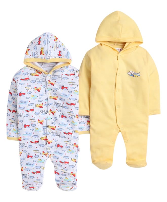 BUMZEE White & Yellow Baby Girls Full Sleeves Sleepsuit with Hood Pack of 2 Age - 3-6 Months (Peb8835C-wht.YLW)