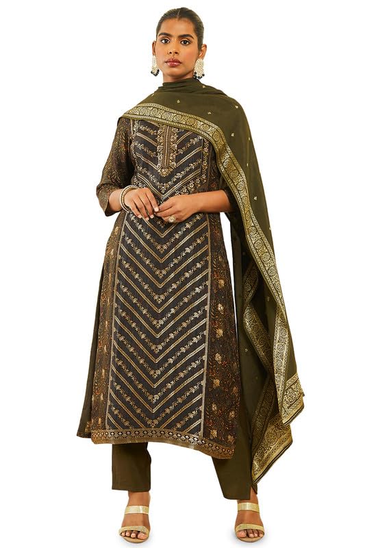 Soch Women Brocade Floral Print and Zari Woven Suit Set with Dupatta