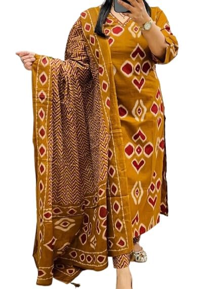 Kasooti WomenS Printed 100% Cotton Straight Kurta With Pants And Dupatta Set | Ethnic Set |Kurta Set (Mustard) 2