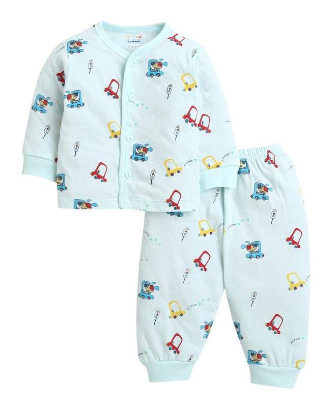 BUMZEE Aqua Blue Baby Boys Full Sleeves Cotton Jabla & Pyjama Set Age - New Born (Peb9861A-abl)