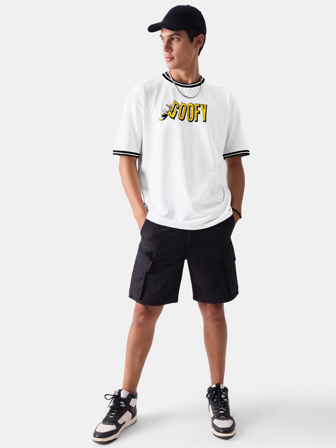 The Souled Store Official Disney: Goofy Mens and Boys Oversized fit Graphic Printed Half Sleeve Cotton White Color Oversized T-S