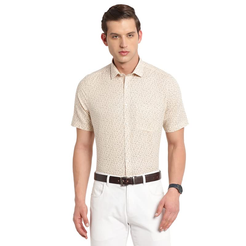 Turtle Men Beige Cotton Linen Printed Regular Fit Formal Shirts