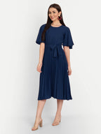 Kuduzo WomenS Crepe Midi Dress With Plated Style Round Neck Half Ruffle Sleeves Below Knee Length Solid Pattern And Regular Fit