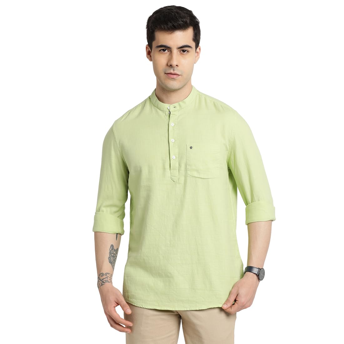 Turtle Men 100% Cotton Slim Fit Pista Green Solid Casual Kurta Shirt