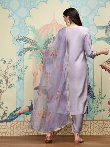 Ishin Floral Embroidered Thread Work Silk Chiffon Straight Kurta With Trousers & Dupatta | Kurta Set For Women | Kurta With Trou