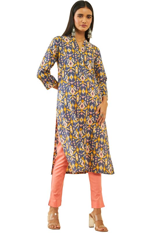 Soch Women Viscose Ikat Print Straight Kurta with Lace Trims