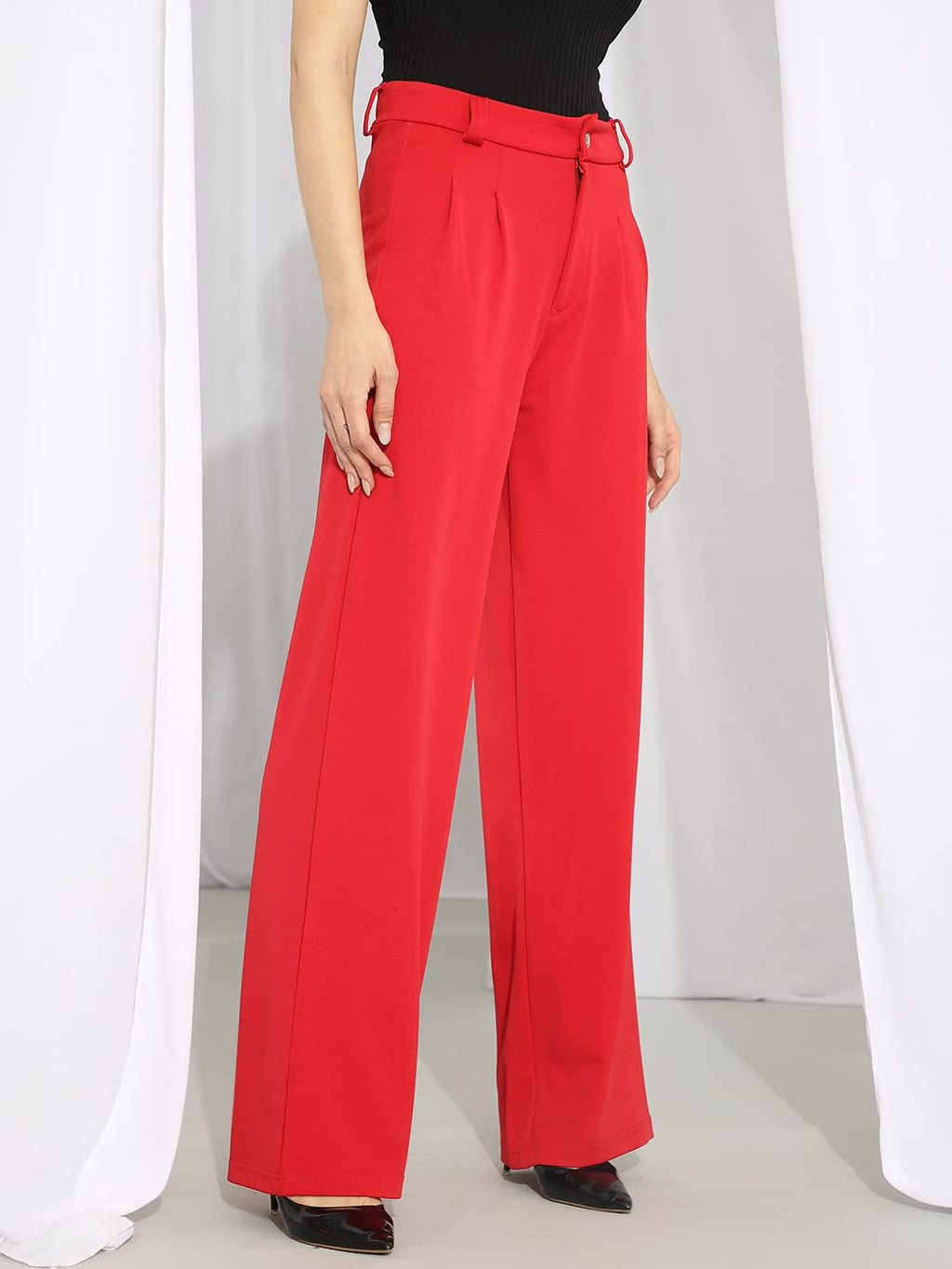 Kotty Womens High Rise Viscose Rayon Straight Fit Solid Trousers Candy Red
