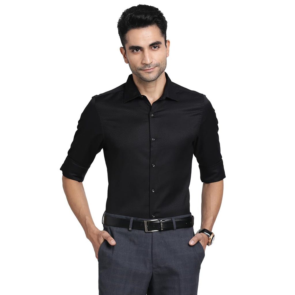 Turtle Men Poly Cotton Slim Fit Black Self Design Party Shirt