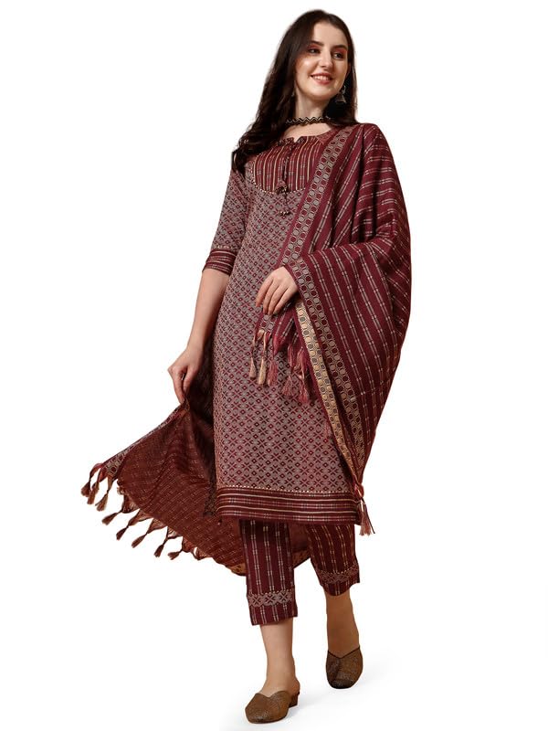 Nainvish Women'S Cotton Straight Round Neck Printed Kurta Pant With Dupatta (Sd478_Kbd-M._Maroon)