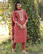 ANNI DESIGNER Womens Rayon Blend Straight Printed Kurta with Pant & Dupatta (MAASA RED_S_Red_Small)