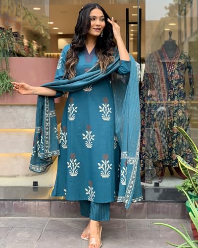 ANNI DESIGNER Womens Rayon Blend Straight Printed Kurta with Pant & Dupatta (Jimny Blue_S_Blue_Small)