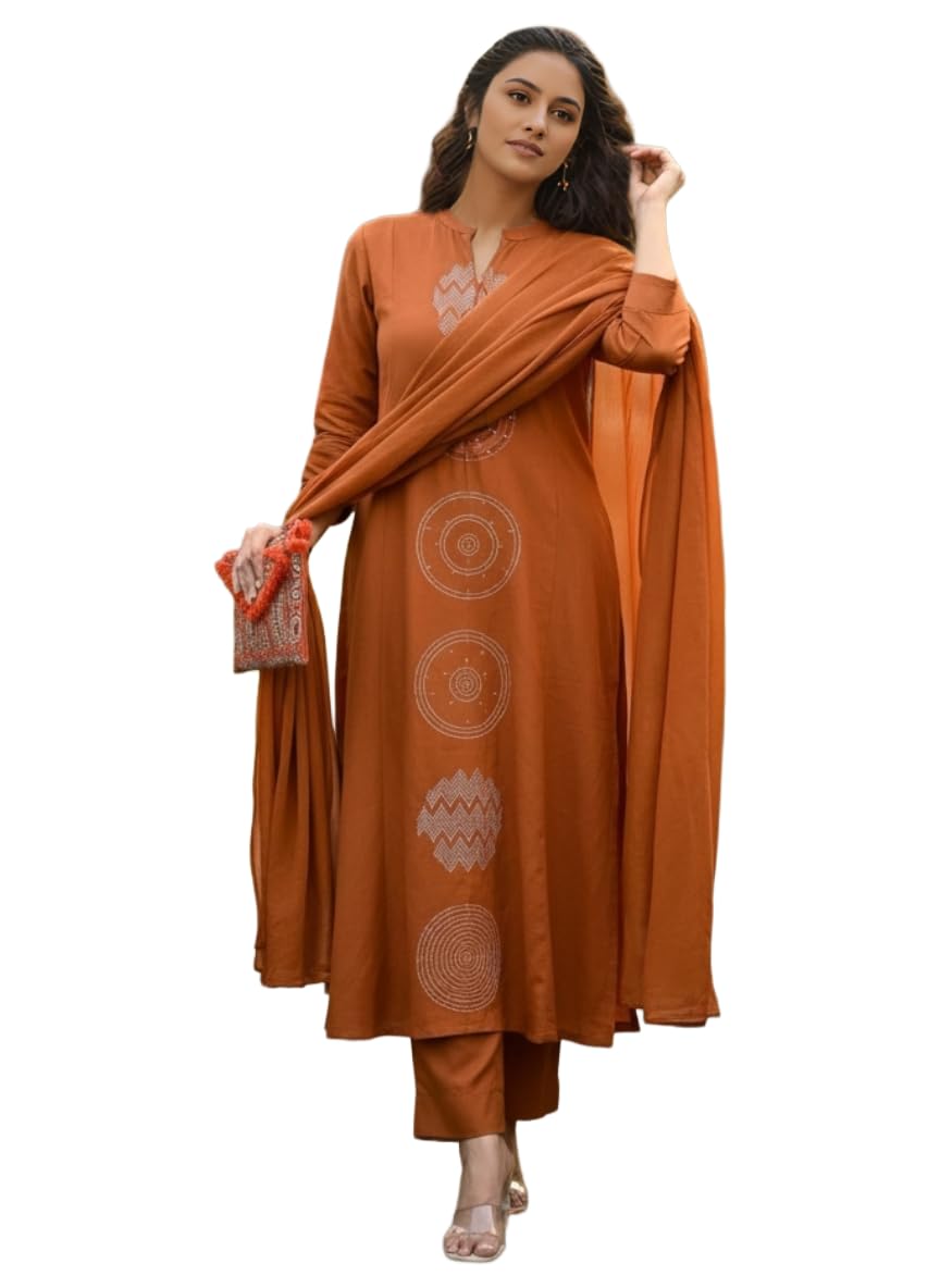 Anni Designer WomenS Rayon Viscose Embroidered Straight Kurta With Pant & Dupatta (Idia Orange-Vks12_Xxl_Orange_Xx-Large)